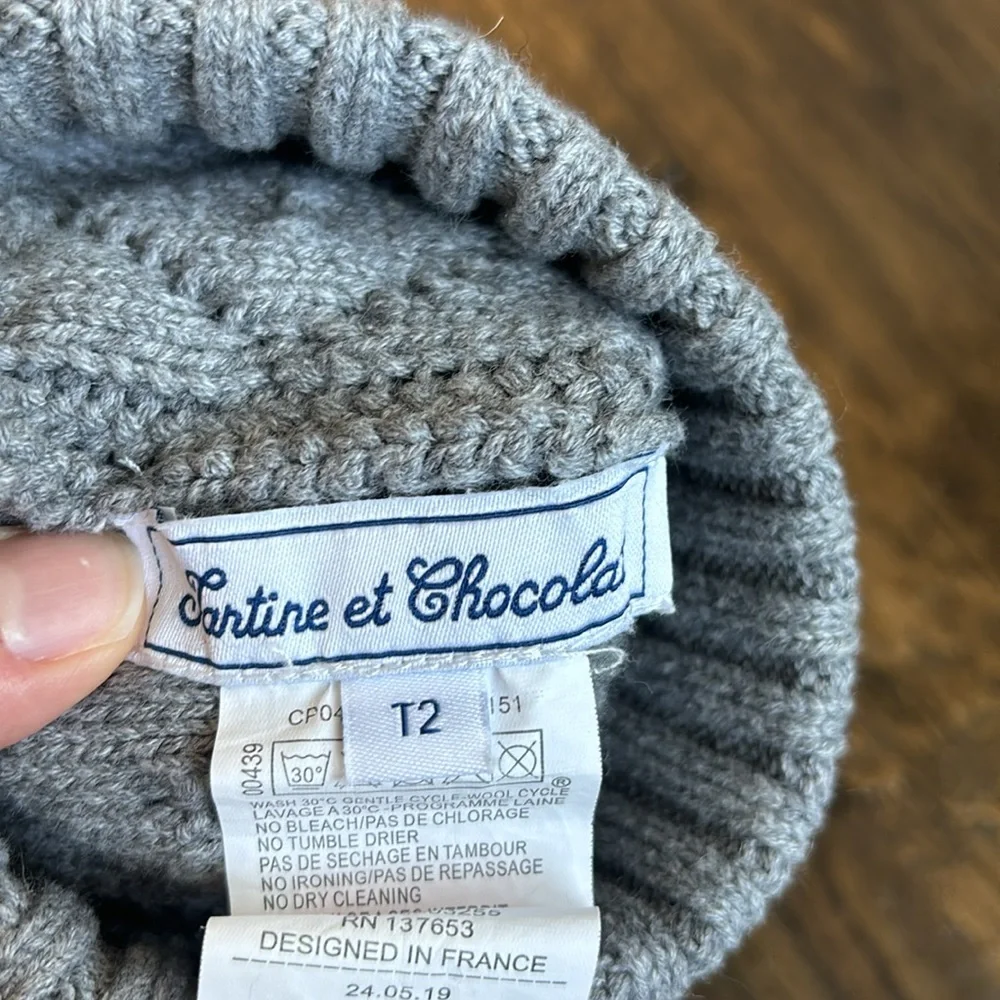 Tartine et Chocolat Gray Knit Wool-Blend Pom-Pom Beanie